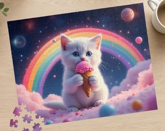 Rainbow Cat Jigsaw Puzzle, Cute Cat Puzzle for Adults & Kids, Colorful Cat Lover Gift, Fantasy Cat Puzzle