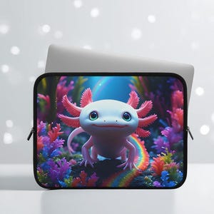 May include: Laptop sleeve featuring a cartoon axolotl with pink gills and a rainbow. The axolotl is set against a vibrant underwater scene with colorful coral and a blue background. The sleeve has a black border.
