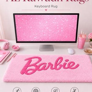 Barbie inspirierter rosafarbener, handgetufteter Tastaturteppich, süße, mädchenhafte Schreibtischmatte, ästhetischer Plüsch-Computerteppich für Schlafzimmer- und Gaming-Einstellungen.