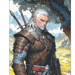 May include: A digital illustration of a white-haired warrior wearing brown leather armor with metal plating, carrying two swords on their back. The character stands in a landscape with a winding stream, distant mountains, and a dark bird perched in a tree.