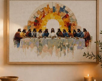 Patrón de punto de cruz de la Última Cena, diseño moderno de bordado religioso, arte mural cristiano, Jesús y los apóstoles, PDF/XSD