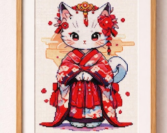 Gatito en kimono rojo: arte de punto de cruz de inspiración japonesa (PDF/XSD)