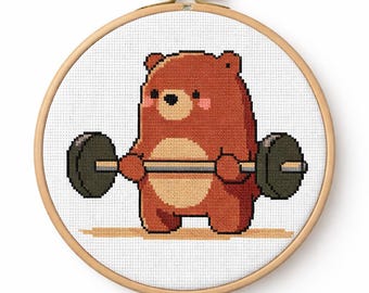 Patrón de punto de cruz de oso de levantamiento de pesas, gráfico de bordado de animales de gimnasio (PDF/XSD)