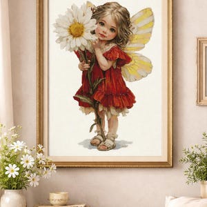 Fairy Girl Daisy Cross Stitch Pattern, Vintage Pixie Embroidery Design (PDF/XSD)