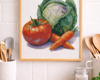 Patrón de punto de cruz de bodegón de verduras para decoración de cocina (archivos PDF/XSD incluidos)