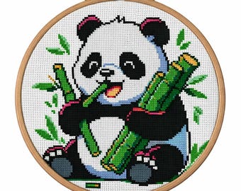 Patrón de punto de cruz de panda con bambú - PDF/XSD