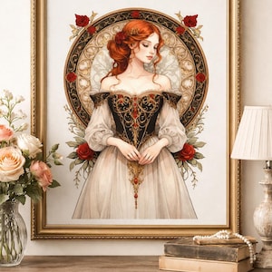 Puede incluir: Una impresión artística enmarcada que presenta a una mujer con un vestido detallado. La obra de arte muestra a una mujer pelirroja, con un corpiño negro y dorado y una falda blanca. Rosas rojas y un diseño circular decorativo rodean a la mujer, todo dentro de un marco dorado.