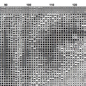Puede incluir: Un patr&oacute;n de punto de cruz con un dise&ntilde;o detallado compuesto por varios s&iacute;mbolos y formas. El patr&oacute;n est&aacute; representado en blanco y negro, con una estructura similar a una cuadr&iacute;cula. El dise&ntilde;o incluye cuadrados, c&iacute;rculos y flechas.