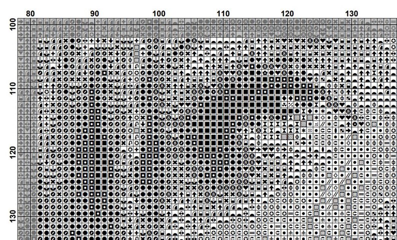Puede incluir: Un patr&oacute;n de punto de cruz con un dise&ntilde;o detallado compuesto por varios s&iacute;mbolos y formas. El patr&oacute;n est&aacute; representado en blanco y negro, con una estructura similar a una cuadr&iacute;cula. El dise&ntilde;o incluye cuadrados, c&iacute;rculos y flechas.