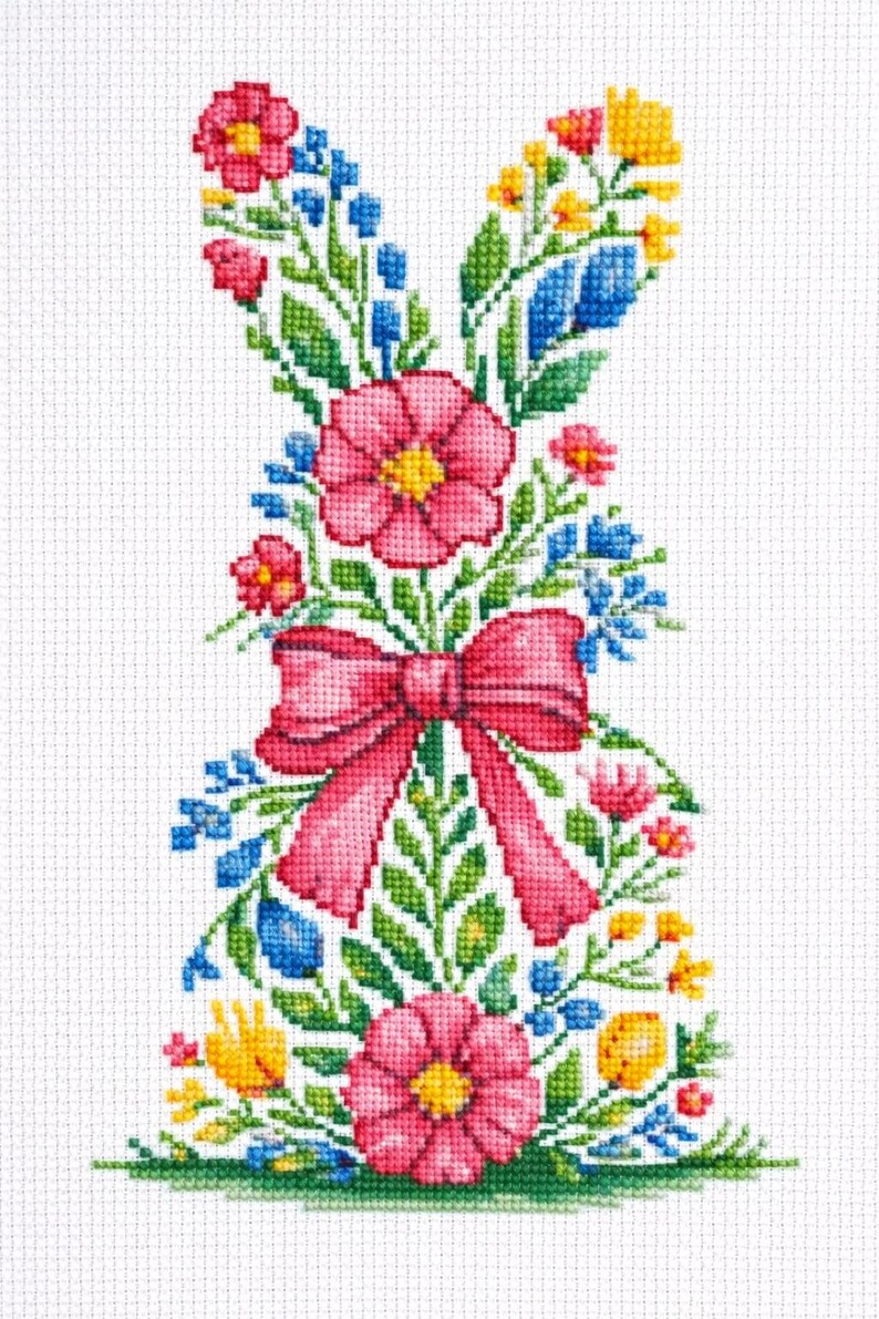 Flower Bunny With a Pink Bow Cross Stitch Pattern Embroidery Chart (PDF ...