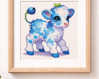 Patrón de punto de cruz de becerro azul: bordado de vaca de fantasía, decoración infantil (PDF/XSD)