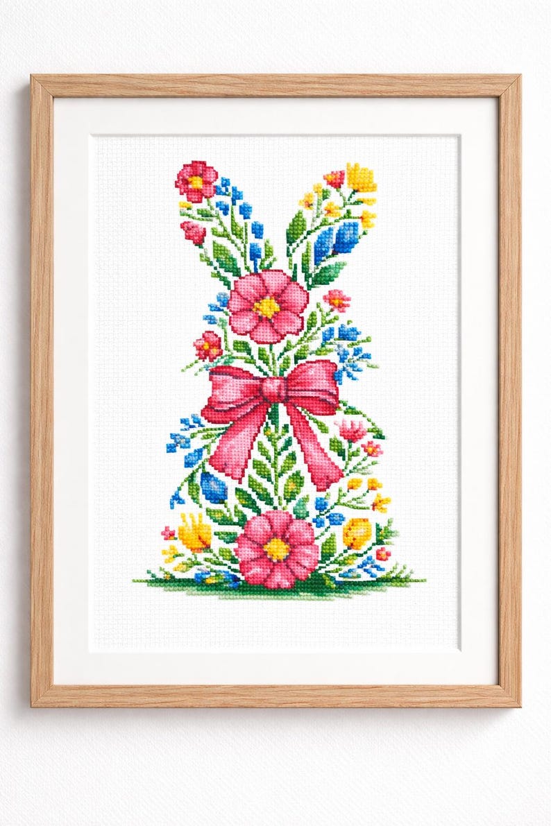 Flower Bunny With a Pink Bow Cross Stitch Pattern Embroidery Chart (PDF ...