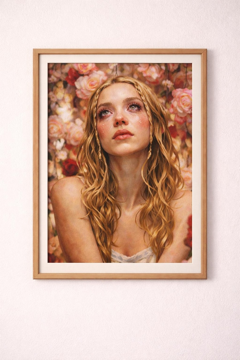 Puede incluir: Una impresi&oacute;n art&iacute;stica enmarcada que presenta un retrato de una mujer con cabello rubio largo y ondulado y trenzas, mirando hacia arriba. El fondo es un enfoque suave de rosas rosas y rojas. La obra de arte est&aacute; en un marco de madera.