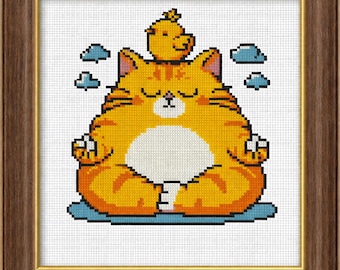 Patrón de punto de cruz de gato zen: diseño de bordado de gatito meditando (descarga en PDF)