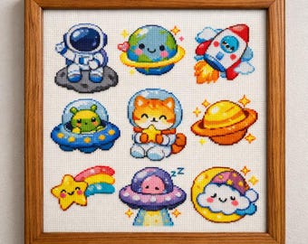 Patrón de punto de cruz Kawaii del espacio, muestrario de planetas astronautas, bordado cósmico para habitación infantil (PDF/XSD)