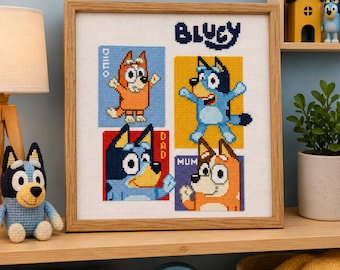 Patrón de punto de cruz de una familia de perros de dibujos animados azules en formato PDF/XSD, diseño de bordado infantil adorable.