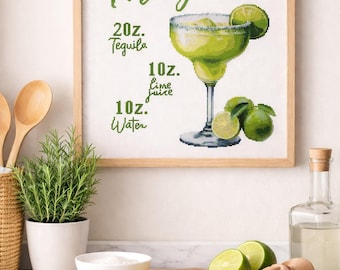 Patrón de punto de cruz para cóctel Margarita • Decoración de cocina con temática de bebida de lima • Bordado de receta moderna en PDF/XSD