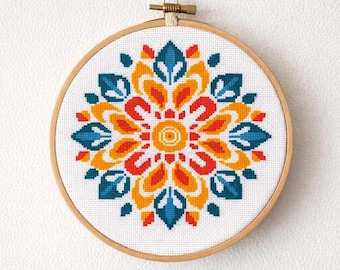 Patrón de punto de cruz de mandala floral colorido (PDF/XSD)