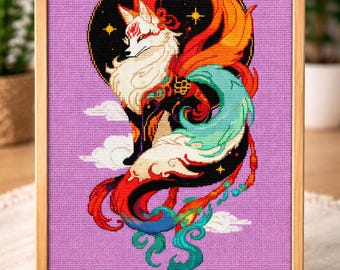 Patrón de punto de cruz de Kitsune Celestial – Diseño de bordado del espíritu del zorro japonés, PDF/XSD