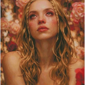 Puede incluir: Retrato de arte digital de una mujer con cabello rubio largo y ondulado y trenzas, mirando hacia arriba con l&aacute;grimas corriendo por su rostro. El fondo est&aacute; lleno de rosas rosas y rojas, creando una atm&oacute;sfera suave y rom&aacute;ntica.