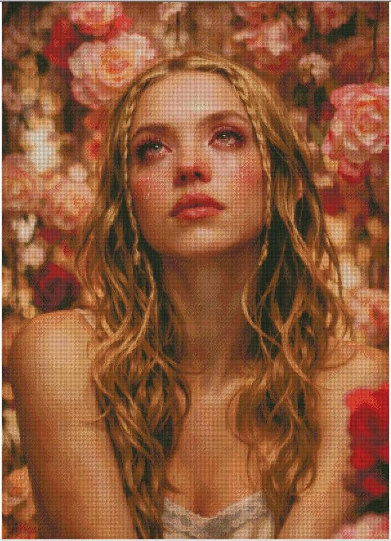 Puede incluir: Retrato de arte digital de una mujer con cabello rubio largo y ondulado y trenzas, mirando hacia arriba con l&aacute;grimas corriendo por su rostro. El fondo est&aacute; lleno de rosas rosas y rojas, creando una atm&oacute;sfera suave y rom&aacute;ntica.