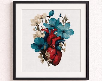 Patrón de punto de cruz de corazón anatómico floral / Bordado botánico gótico PDF/XSD