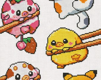 Patrón de punto de cruz de animales kawaii: Gato, cerdo, pollito y Pikachu (PDF/XSD)