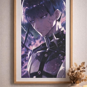 May include: Framed art print depicting an anime-style character with dark hair and a stern expression. The character is dressed in a black uniform with a star. The artwork uses a purple and blue colour palette.