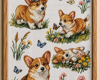 Patrón de punto de cruz de cachorro Corgi, diseño de bordado de muestrario floral (PDF/XSD)