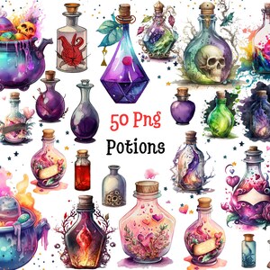 Puede incluir: Una colección de 50 botellas de pociones PNG en varias formas y colores. Las botellas están llenas de líquidos coloridos y tienen tapones de corcho. Algunas botellas tienen elementos decorativos como calaveras, hojas y corazones. Se muestra el texto "50 Png Potions".