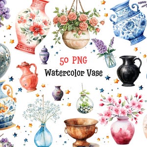 Può includere: Una collezione di vasi ad acquerello in varie forme, dimensioni e colori. L'immagine include vasi con disegni floreali, fioriere sospese con rose e una varietà di vasi decorativi. Il testo sull'immagine recita "50 PNG Watercolor Vase."