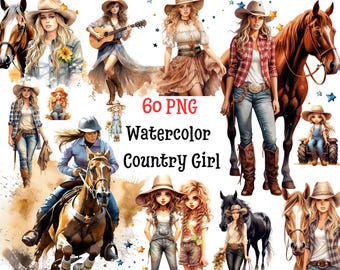 Chica campestre en acuarela, 60 imágenes PNG de alta calidad, descarga instantánea, uso comercial