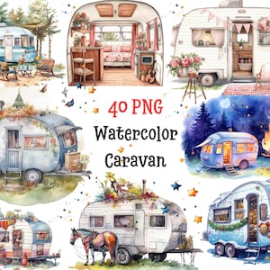 May include: Watercolor illustrations of vintage caravans in various settings. The images showcase different styles and decorations, including floral arrangements, fairy lights, and outdoor scenes. Text on the image reads "40 PNG Watercolor Caravan".