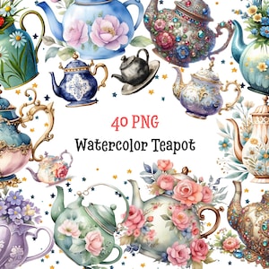 May include: A selection of watercolour teapots in diverse colours and designs, featuring floral patterns and ornate details. The image includes the text "40 PNG Watercolor Teapot". The teapots are set against a white backdrop with small gold and blue stars.