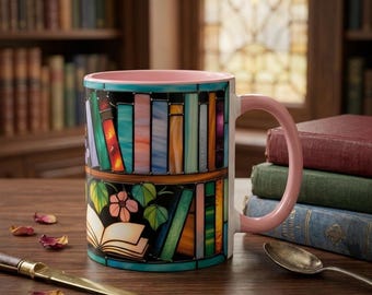 Floral Bookshelf Coffee Mug: Bookish Stained Glass Style Ceramic Mug Book Lover gift, Cottagecore Library Aesthetic Reader Mug
