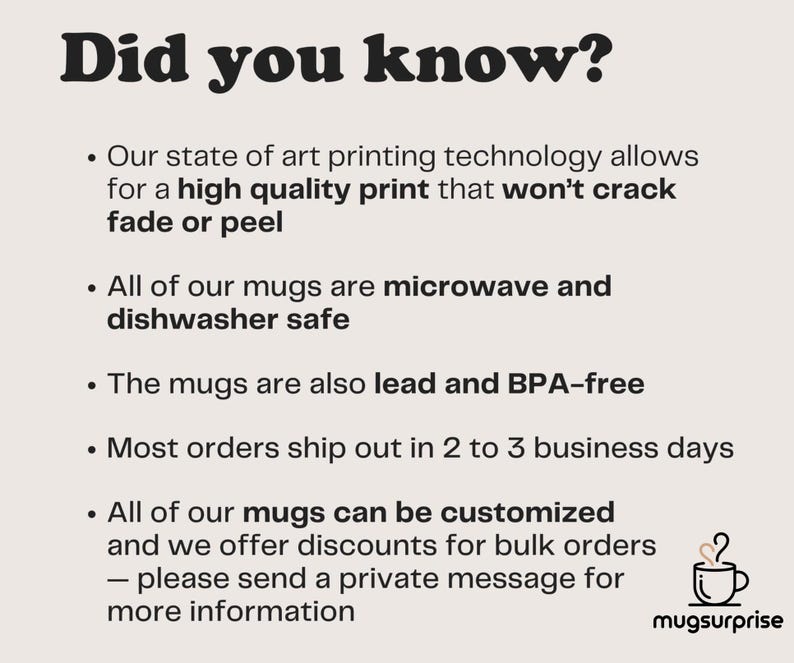 May include: A cream-coloured graphic with the text "Did you know?" and bullet points about mugs. The text mentions high-quality printing, microwave and dishwasher safety, and customisation options. The "mugsurprise" logo is in the bottom right.