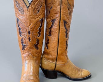Década de 1970 • Incrustaciones de mariposa de Tony Lama • Botas vaqueras altas vintage para mujer, talla 6 M