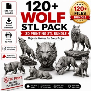 Könnte beinhalten: Eine digitale Sammlung von über 120 Wolf-STL-Dateien für den 3D-Druck, mit verschiedenen grauen Wolfsskulpturen, darunter eine zentrale Büste sowie stehende, heulende und ruhende Posen. Der Text lautet 120+ WOLF STL PACK und 3D PRINT.