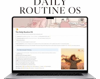 May include: A laptop displaying the "Daily Routine OS" interface. The screen shows text and illustrations, including a bedroom scene and a person with outstretched arms. The text at the top reads "YOUR ROUTINE. ONE SYSTEM. DAILY ROUTINE OS."