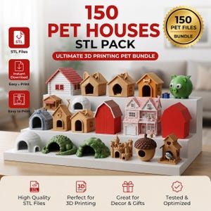 Pack de 150 niches pour animaux (fichiers STL, compatible imprimante 3D) : niches pour chiens, chats, oiseaux et abris pour petits animaux à imprimer (téléchargement numérique).