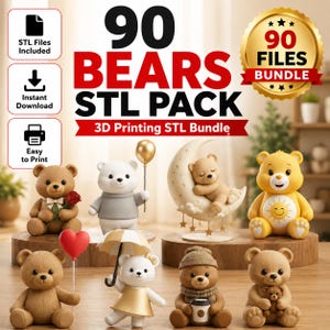 Może przedstawiać: Cyfrowa kolekcja 90 plików STL do druku 3D z motywem niedźwiedzi. Grafika zawiera tekst 90 BEARS STL PACK oraz 90 FILES BUNDLE i przedstawia różne figurki niedźwiedzi, w tym niedźwiedzie z różą, balonem, parasolem, księżycem i słońcem.