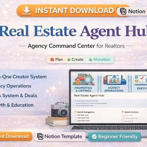Real Estate Agent Hub Notion Template  Realtor CRM Dashboard  Leads Pipeline | Deals   Commission Tracker  Tasks & Appointments  Agency OS