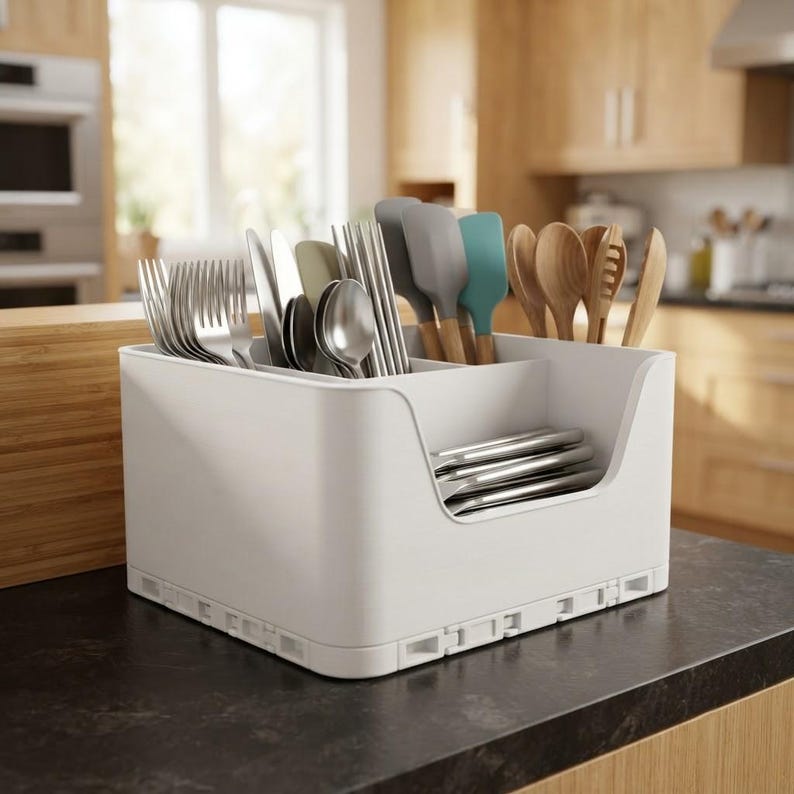 May include: A white plastic kitchen utensil organizer with a low front cutout, containing stainless steel forks, spoons, and knives, along with silicone spatulas and wooden spoons arranged in separate compartments for organized storage.
