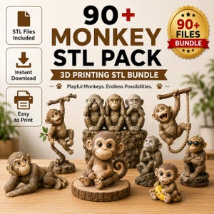 Peut inclure: Une collection numérique de plus de 90 fichiers STL de singes pour impression 3D, présentant diverses figurines de singes marron dans différentes poses, dont les trois singes sages, un singe avec des lunettes de soleil et un singe tenant une banane.