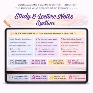 May include: A digital tablet screen displays a study and lecture notes system interface. The interface includes sections for quick navigation, user guides, semester vaults, and exam countdown boards. The design is colorful with icons and text.