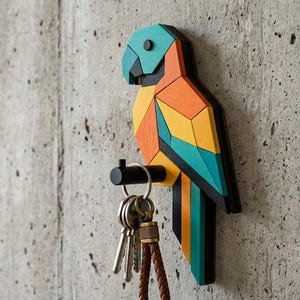 May include: A wall-mounted parrot-shaped key holder crafted from geometric wooden segments in teal, orange, and yellow. A black cylindrical peg extends from the lower section, supporting a metal keyring with several keys and a braided brown leather strap.