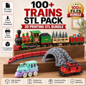 Pakket met meer dan 100 treinen in STL-formaat, bundel met 3D-printerbestanden voor treinen, printbare locomotief, spoorlijn, tunnel en speelgoedtrein (digitale download).