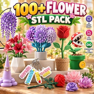 Pode incluir: Uma coleção digital intitulada 100+ FLOWER STL PACK apresentando vários modelos de flores impressos em 3D, incluindo glicínias roxas, lírios vermelhos e rosas, dálias, rosas, uma planta piranha e flores de lótus, junto com chaveiros e anéis.