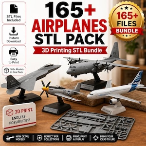 May include: A digital bundle of 165+ airplane STL files for 3D printing. The image displays four assembled gray and white model airplanes on black stands, including a fighter jet, a cargo plane, a propeller plane, and a passenger jet, plus a gray plastic sprue of model parts.