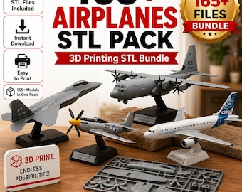 May include: A digital bundle of 165+ airplane STL files for 3D printing. The image displays four assembled gray and white model airplanes on black stands, including a fighter jet, a cargo plane, a propeller plane, and a passenger jet, plus a gray plastic sprue of model parts.